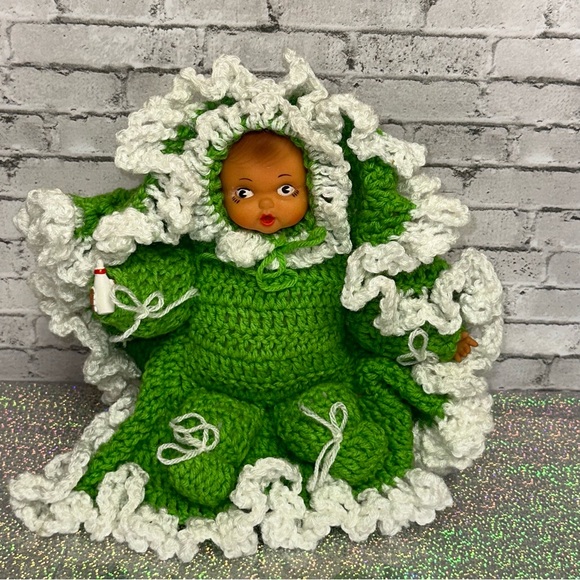 Handmade Other - Vintage Crochet Doll Bottle Green White Thumb Sucking Blanket Handmade